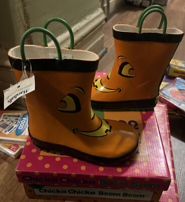 Chicka Chicka Boom Boom Orange Pumpkin Face Kids Rainboots Sz 8 New W/ Box
