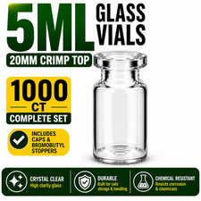 5ml Glass Vials 20mm Crimp Top w/ Rubber Plugs Flip Off Caps Serum Lab Vials