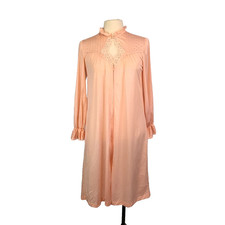 Womens Vintage Peach Midi Zip Front Robe, Keyhole Lace Ruffle Neck, 38 Bust