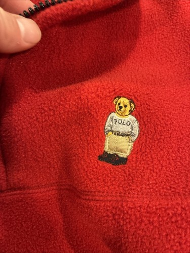 VTG Polo Ralph Lauren red embroidered Teddy Bear crest 1/4 zip fleece mens Large - Picture 2 of 4