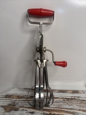 Vtg Blue Whirl Manual Kitchen Hand Crank Mixer Egg Beater Whipper Red Handles
