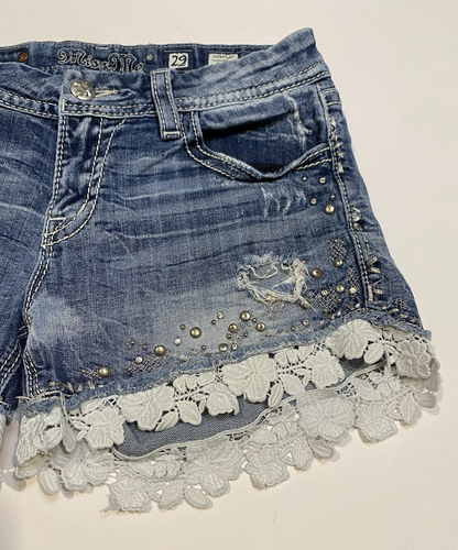 Short en jean Miss Me femme 29 bordure dentelle ornée Y2K bling vieilli - Photo 7/18