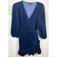 GAP Navy Blue Velvet Wrap Mini Dress Long Sleeve Ruffle Hem Womens L Event Party