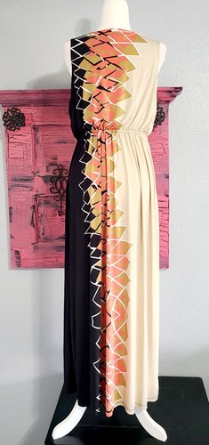 Black Coral Beige Maxi Blouson Dress Size L Style & Co Abstract / Geometric - Picture 8 of 13