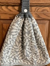 Double gray hanging kitchen towel Fall autumn leaves crocheted gray top