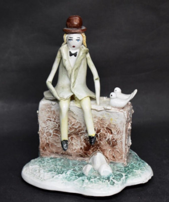 Nuova Capodimonte Figurine P Savastano Italy Man Sitting on Stonewall Two Birds