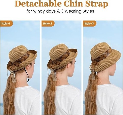 Beach Sun Straw Hats for Women, UPF 50+ UV Sun Protection Wide Brim Summer Straw - Picture 5 of 7