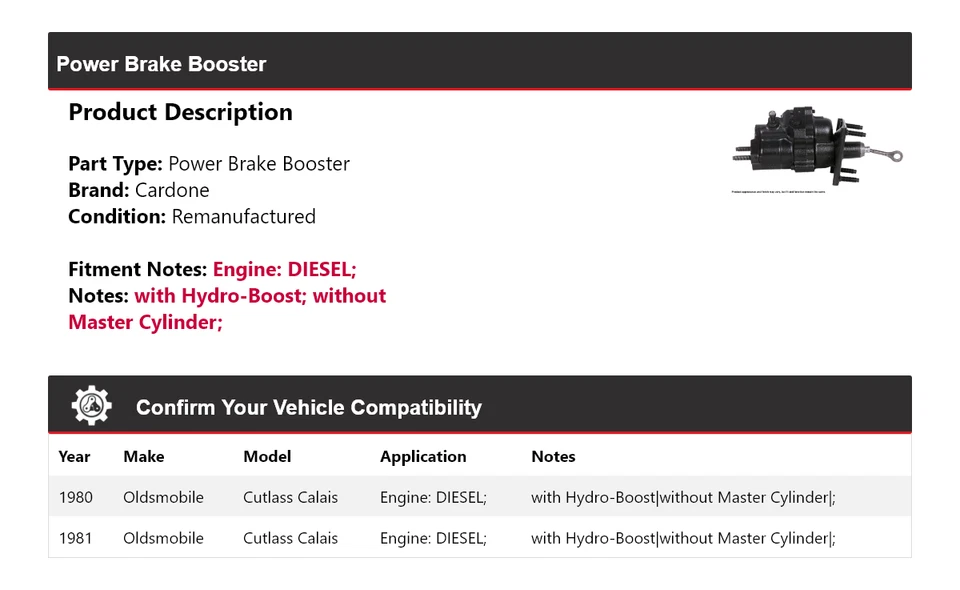 Para 1980-1981 Oldsmobile Cutlass Calais DIESEL Power Brake Booster Cardone Foto 2 de 4