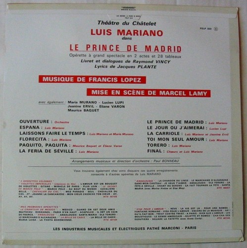 LUIS MARIANO (LP 33T) LE PRINCE DE MADRID - FRANCIS LOPEZ - Picture 2 of 3