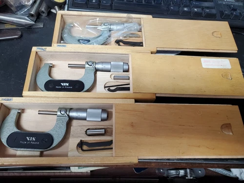  1"-2" Micrometer .0001" Poland (Fowler & VIS) Carbide faces Wood cases, new