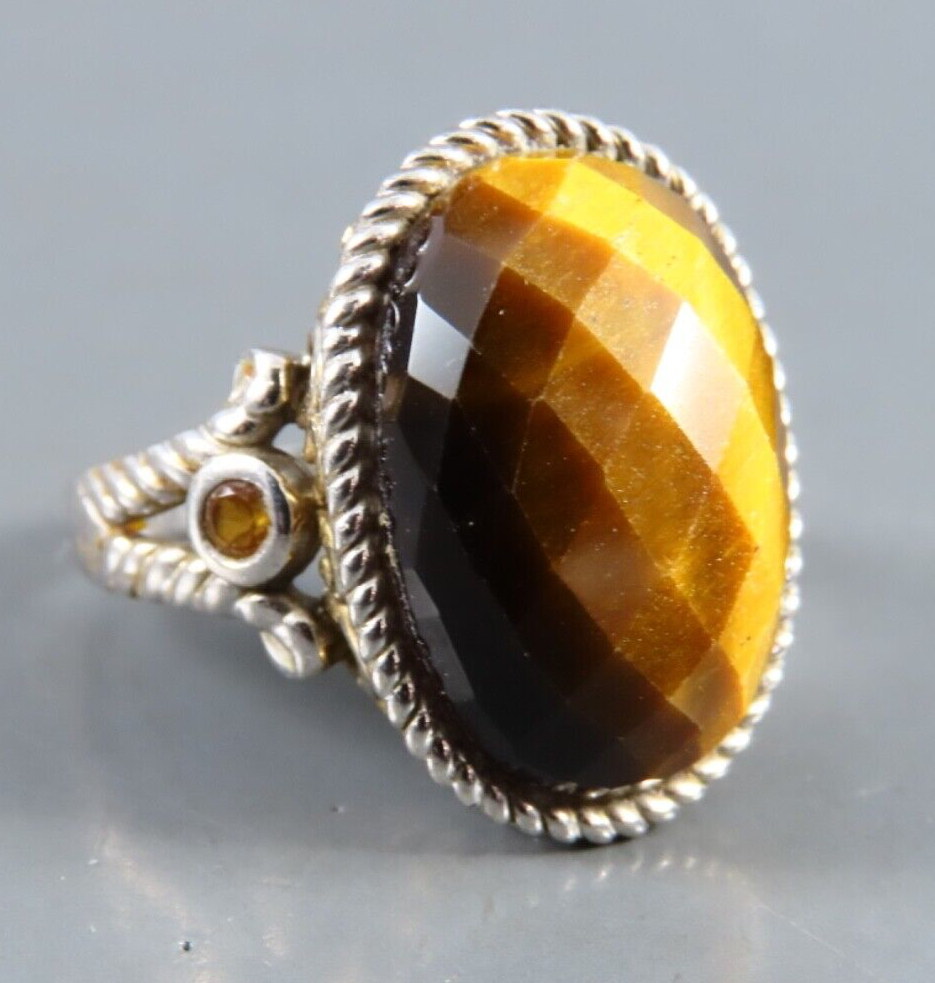 STERLING SILVER Cocktail Ring BROWN TIGER'S EYE Faceted Cabochon CITRINE TRIM  7