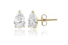 Real 14K Solid Yellow Gold Pear Shaped Pushback Studs with Sparkling CZ Stone