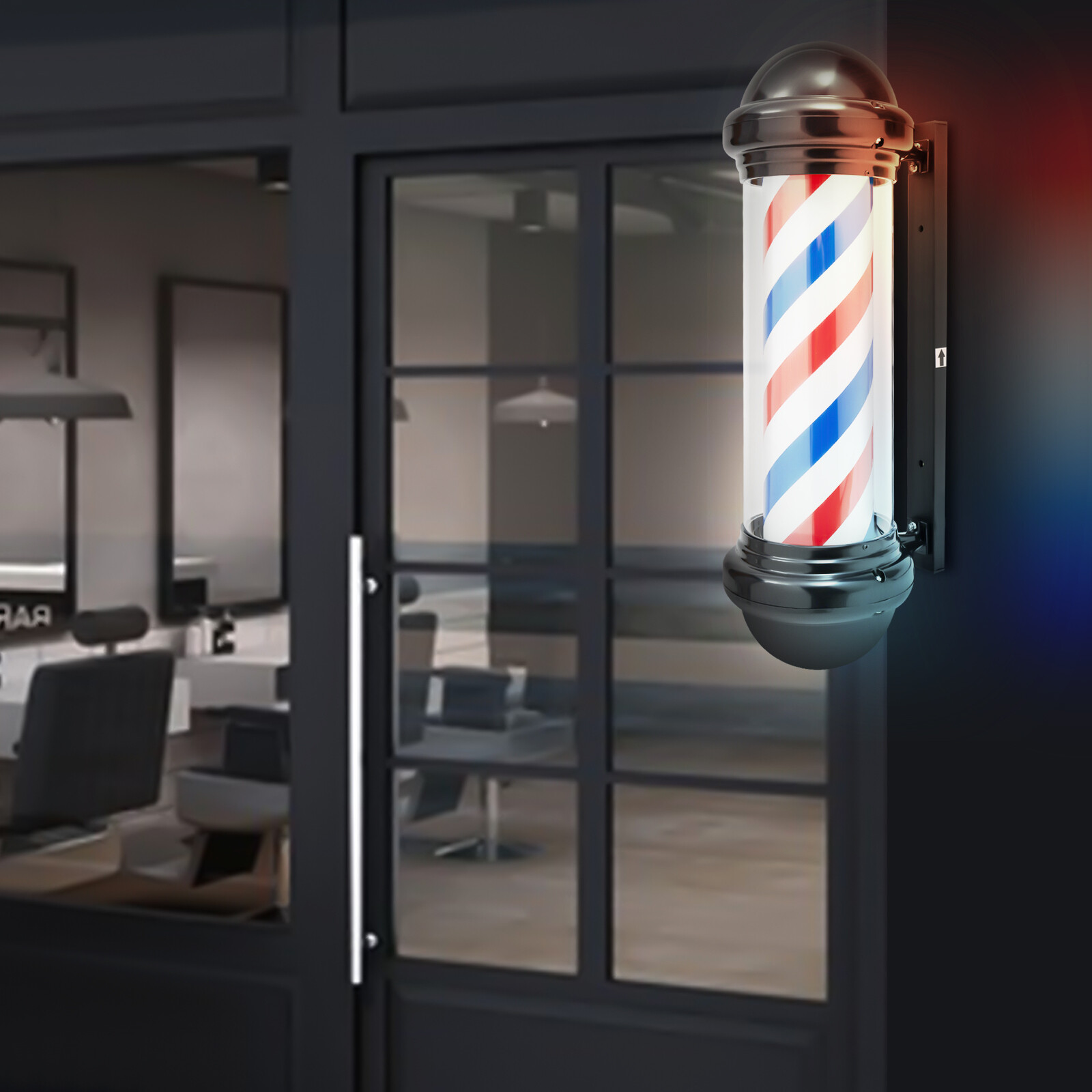 Outdoor Rotating Barber Shop Pole Light - Illuminated Hair Salon Sign with Classic Red, White, and Blue Design - Durable and Weatherproof for Indoor or Outdoor Use - Brand New