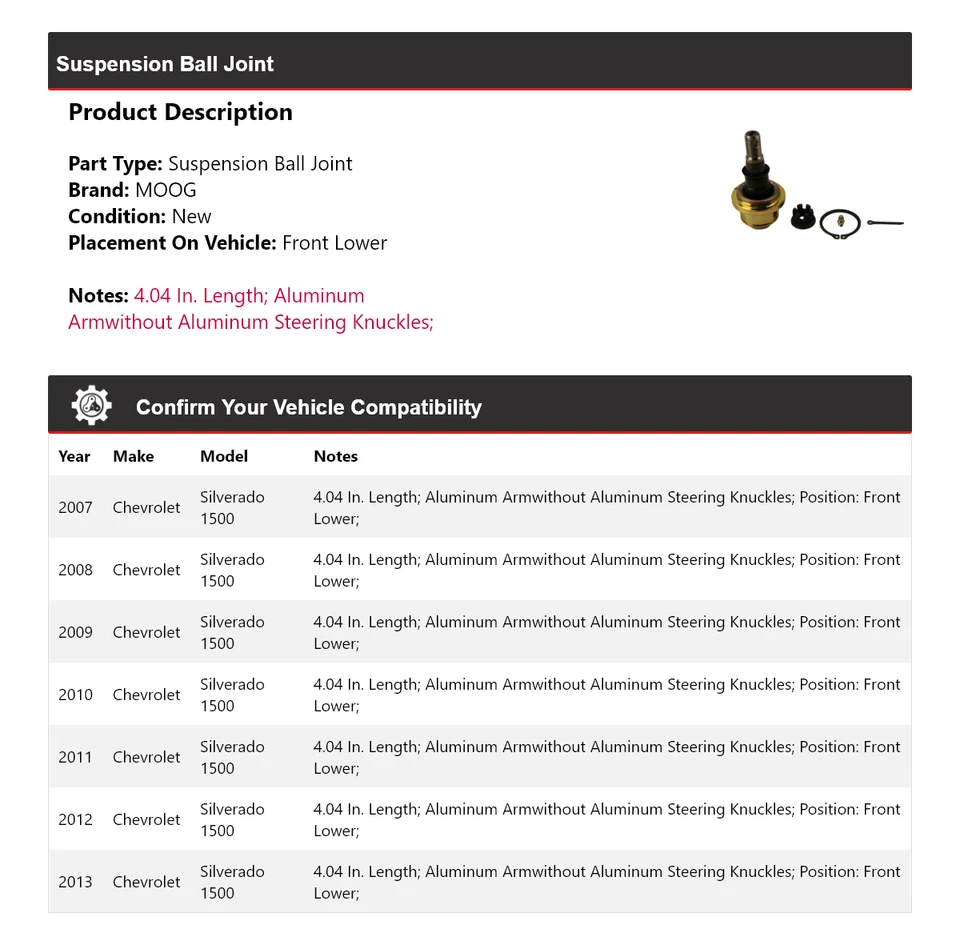For 2007-2013 Chevrolet Silverado 1500 Suspension Ball Joint Front Lower MOOG - Image 2 of 4