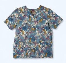 Bambi Scrub Top Disney Womens Small Blue Nursing Medical Vet Xray Pockets
