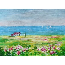 Original painting ACEO Seascape Small House Coast House with Linen Iceland Rest