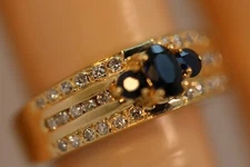 IJS 14K YELLOW GOLD ROUND & OVAL BLUE SAPPHIRE DIAMOND CLUSTER RING 6.5 5.40G