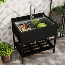 Utility Sinks Stainless Steel Kitchen Sink Single Bowl w/ Faucet Shelf Black