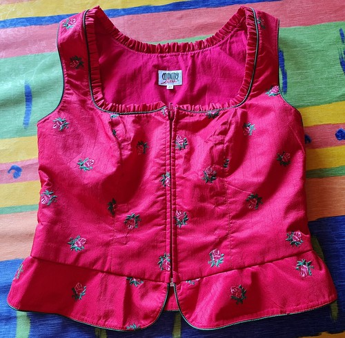 AUTÉNTICA BLUSA TOP COUNTRY OKTOBERFEST DIRNDL TIROL ROJA SATINADA PARA MUJER: US12/EU40 - Imagen 4 de 6