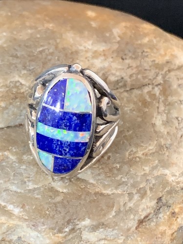 Lapis & Opal Southwestern Navajo Sterling Silver Inlay Ring Size 7 01483 - Picture 2 of 10