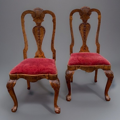 Pair Dutch Burr Walnut Carved Side Chairs, C 1870