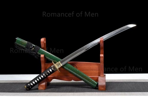 T10 Steel Clay Tempered Wakizashi Double Bo-Hi Sword Copper Tsuba Green Saya - Picture 4 of 10
