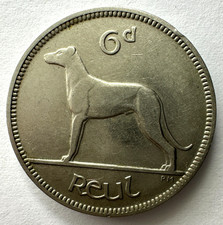 1934 Ireland Eire 6 Pence Coin, 20.8mm, Copper-Nickel, About Uncirculated