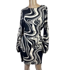 Forever 21 Sz M Sheath Dress CutOut Sides Black &Beige Swirl Pattern Long Sleeve
