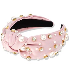 Light Pink Pearl Knotted Headband Rhinestone Wide Top Knot Beaded Jeweled
