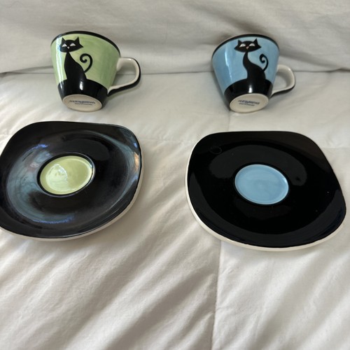 Set Of 2 HUES N BREWS Black Cat Expresso Demitasse Cups & Saucers - Picture 2 of 12