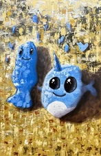 Blue fish, acrylic on wood, taking my son's drawings to the next level