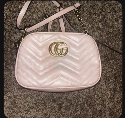 Authentic Gucci Women s Small Pink Quilted GG Logo Zip Crossbody gold chain