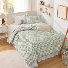 Sage Gingham Comforter Set Full 79x90Inch , Green Checkered Grid Plaid Buffal...