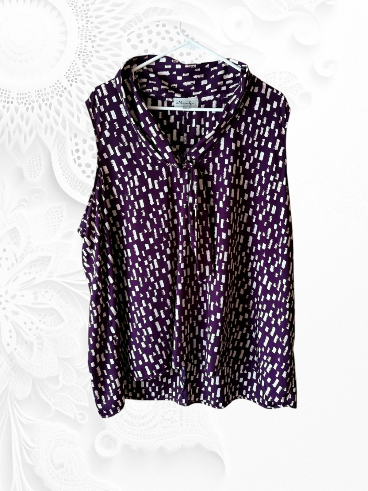 Merra Lane Sleeveless Purple Geometric Pattern Blouse w/  Pullover Tie-Size 3x
