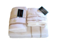 Cynthia Rowley 8 Pc Towel Set 2 Bath 2 Hand 4 Wash White Gold Stripe Trim NWT
