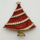 Vintage Eisenberg Ice Red W/Gold Tone Christmas Tree Brooch W/Clear Rhinestones
