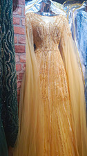 Long Gold Engagement Dress – Beaded – Long Sleeves – Size M