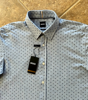 Hugo Boss Roan Shirt Stretch Cotton Men's M Slim Fit Blue Geo Print $158 L/S NWT
