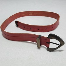 Vintage Red Genuine Leather Belt Dark-Gold Metal Buckle Women Size 28 XS/S