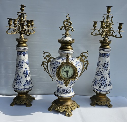 Delft Blue And White Clock Set Graniture Timepiece Movement Impressive Size 80cm - Picture 14 of 24