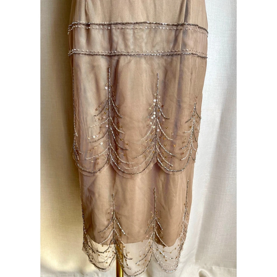 Vintage Papell Nude Beige Beaded Gatsby Flapper Sleeveless Slip Dress Costume 6 - Image 2 of 4