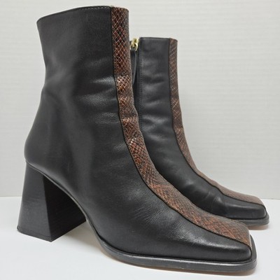 ALOHAS Women South Edge Black Brown Leather Python Block Heel Boots Size 40 US 9