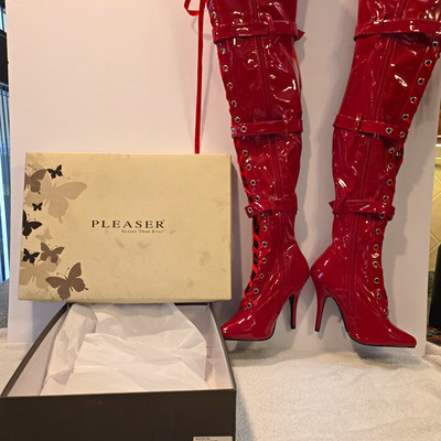 Pleaser Red Thigh-High Lace-Up Stiletto Boots Size 7