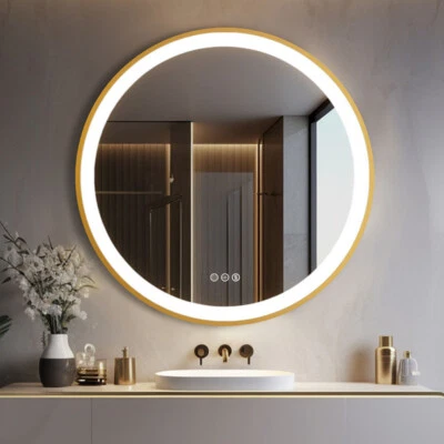 LUVODI Luxury Gold Round LED Mirror for Bathroom with Lights Anti-Fog 3 Color Dimmable