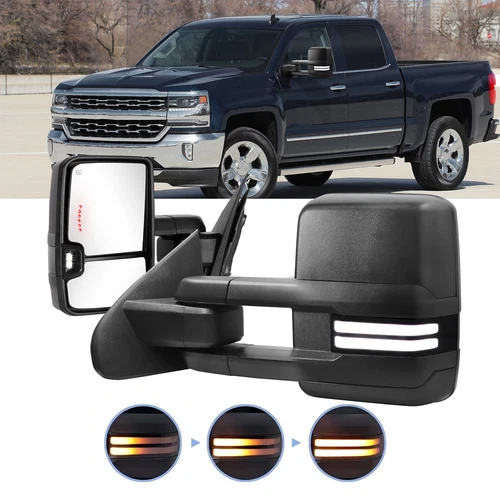 Smoked Switchback Power Heated Tow Mirrors For 14-19 Chevy Silverado GMC Sierra