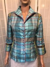 Women's Nina Raynor 6 Blue Check 100% Thai Silk Button Jacket Blouse