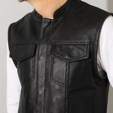 Perforated Leather Motorcycle Biker Anarchy Style Vest Concealed Carry Vests