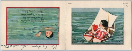 C1940s Lindo Niña Barco Pesca para Hombre Tarjeta de San Valentín Mar Troquelado Plegable Poema C54 - Imagen 4 de 5