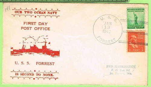 USS Forrest DD 461 January 13 1942 Commissioned / 1st Day Postal Service