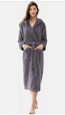 Warm  Cozy Hooded Bathrobe Gray Long Plush Fleece Belted Women's Size Large